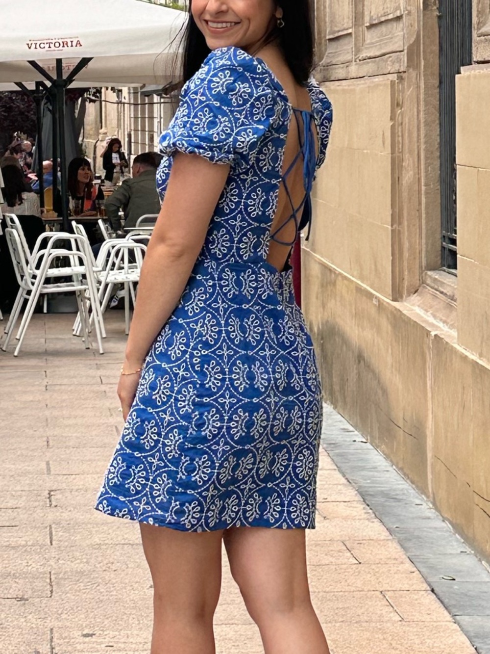 Mango Blue Eyelet Lace-Back Mini Dress